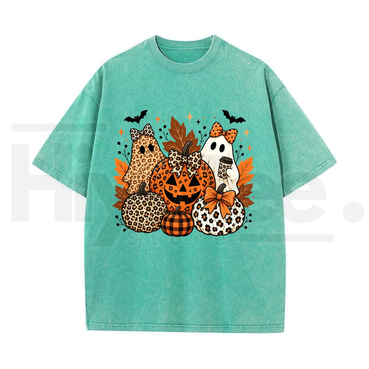 Leopard Bow Ghost Pumpkin Halloween Oversized T-Shirt – Vintage Washed Fall Graphic Tee for Women & Men - Hiyatee