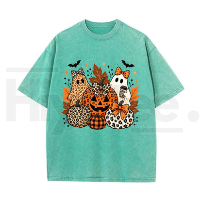 Leopard Bow Ghost Pumpkin Halloween Oversized T-Shirt – Vintage Washed Fall Graphic Tee for Women & Men - Hiyatee