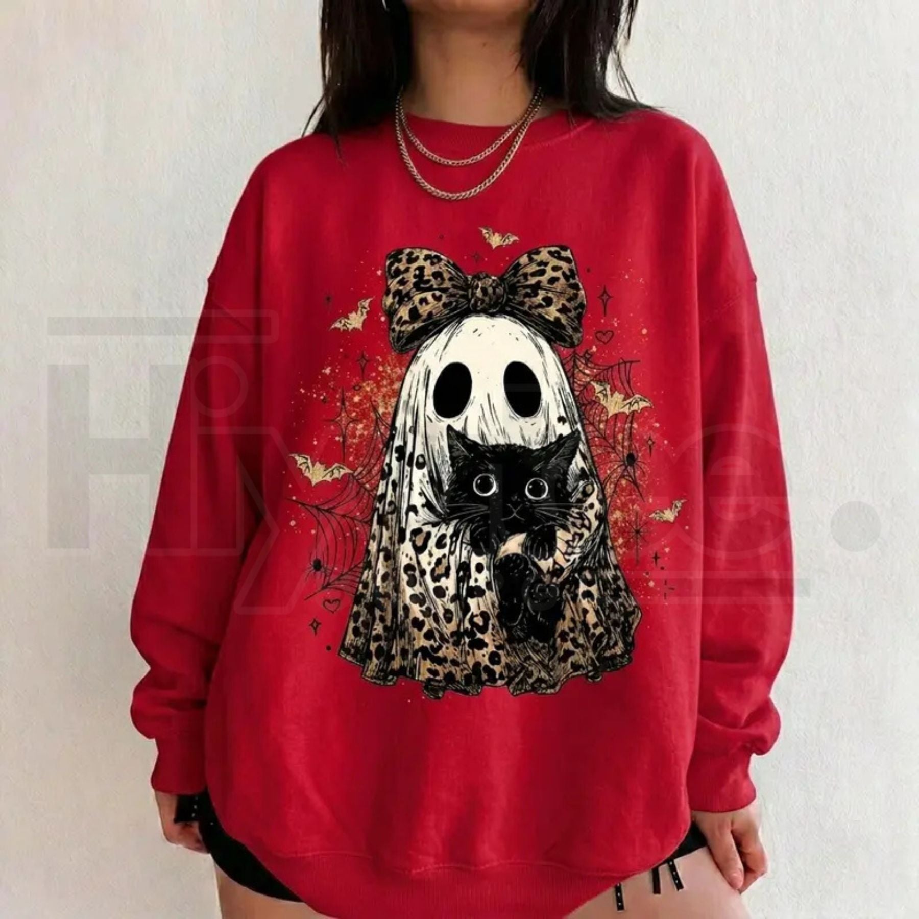 Leopard Ghost Cat Halloween Sweatshirt – Cute Spooky Black Cat Graphic Shirt, Coquette Bow Ghost Fall Outfit - Hiyatee
