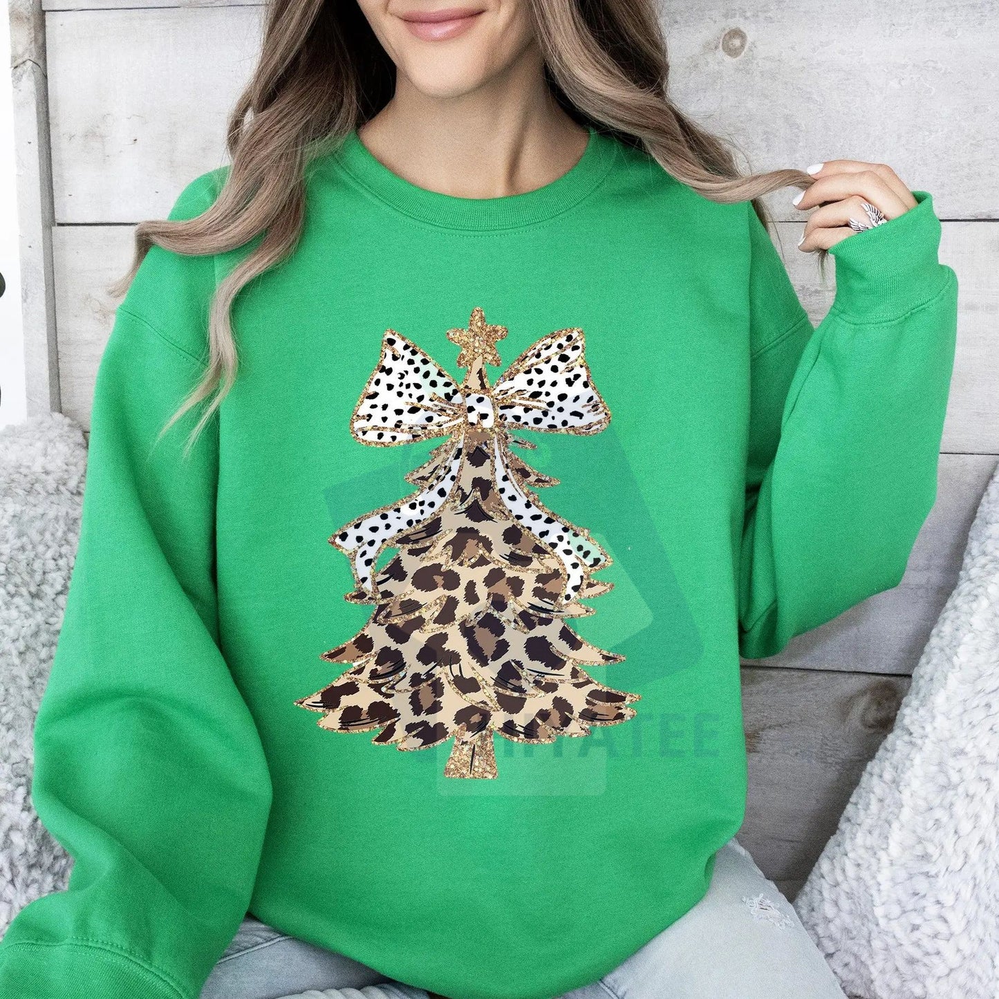 Leopard Print Christmas Tree Sweatshirt: Dalmatian Bow, Santa, Cute Girly Crew Neck Pullover, Women's Holiday Top - Hiyatee
