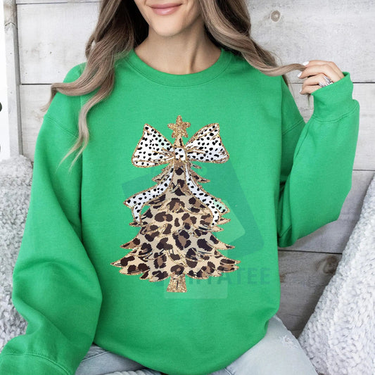 Leopard Print Christmas Tree Sweatshirt: Dalmatian Bow, Santa, Cute Girly Crew Neck Pullover, Women's Holiday Top - Hiyatee