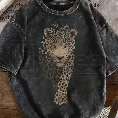Leopard Print Women's Vintage Casual T-Shirt – 230g Heavy Cotton Retro Street Style Tee - Hiyatee