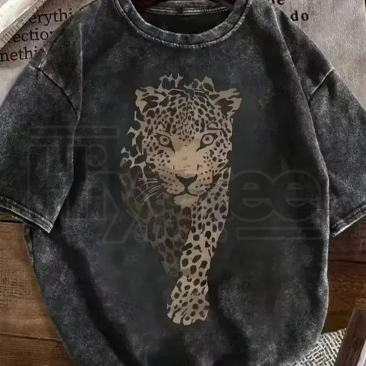 Leopard Print Women's Vintage Casual T-Shirt – 230g Heavy Cotton Retro Street Style Tee - Hiyatee