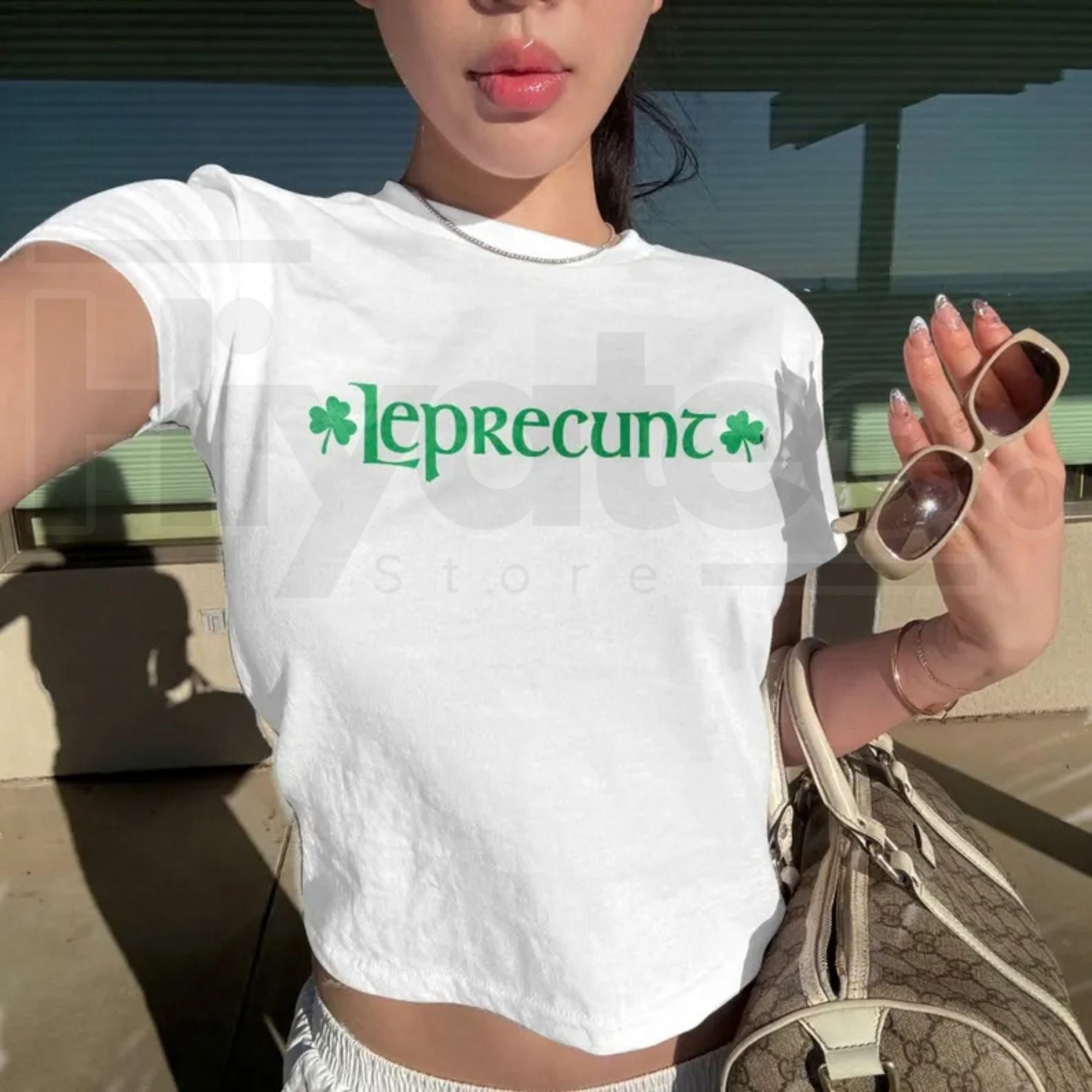 Leprecunt Women's Baby Tee – Funny St. Patrick's Day Irish Shirt, Edgy Retro Y2K Graphic Tee for Women - Hiyatee
