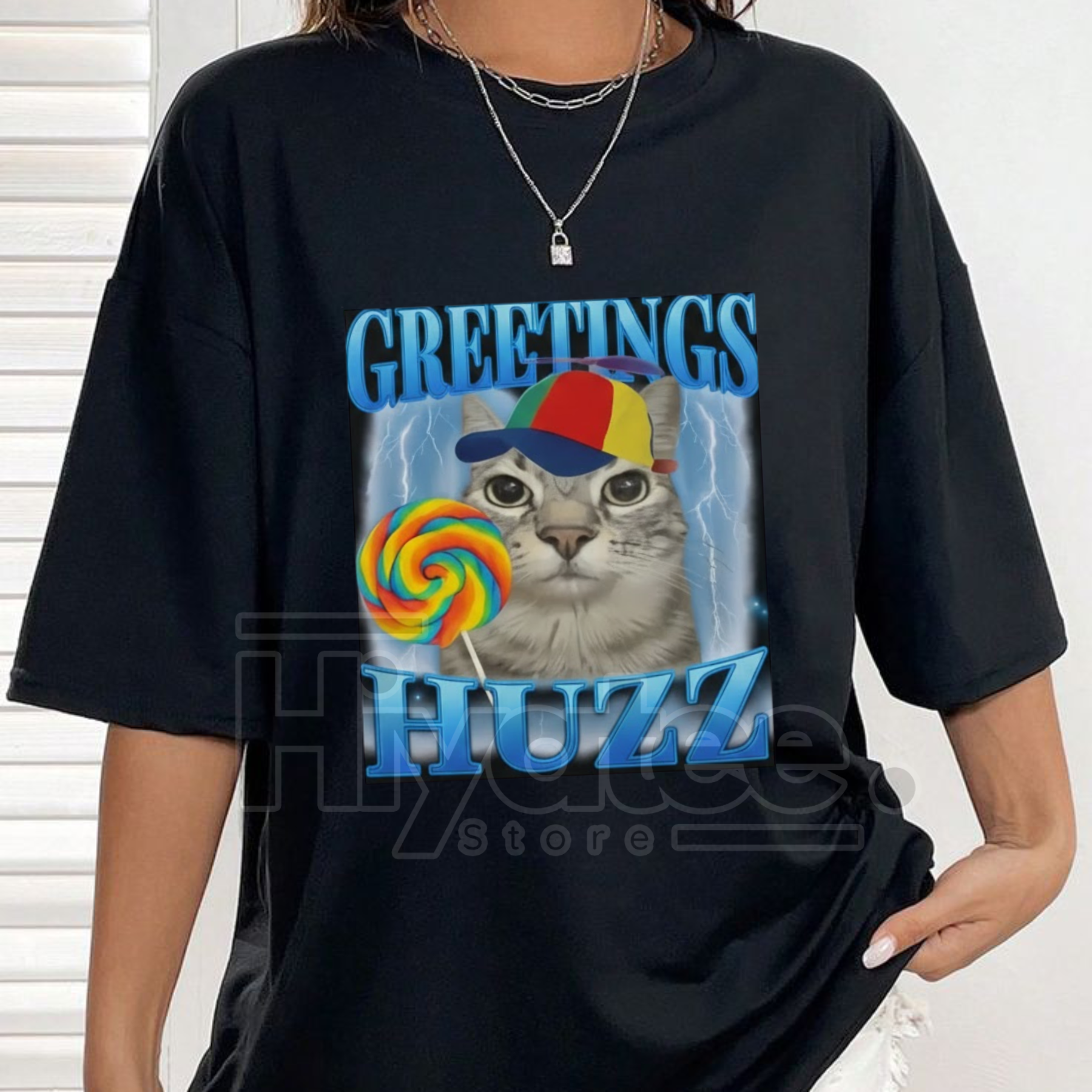 "Lollipop Cat Meme" Huzz Greetings T-Shirt – Funny Silly Brainrot Cat Tee - Hiyatee