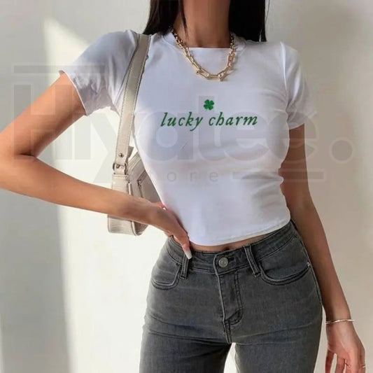 Lucky Charm Shamrock Baby Tee – Funny St. Patrick's Day Y2K 90s Aesthetic Shirt - Hiyatee