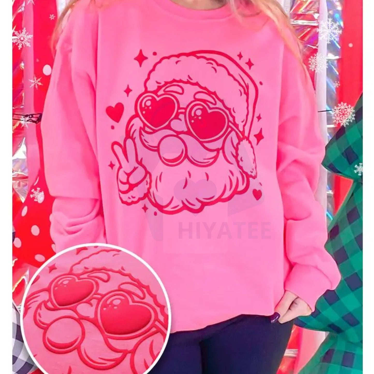 Magic Puff Bubble Gum Christmas Santa Graphic Sweatshirt – Trendy 2D Puff Print Holiday Jumper - Hiyatee
