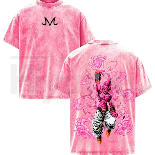 Majin Buu Vintage Washed Anime T-Shirt – Kid Buu Pink Energy Oversized Streetwear Tee - Hiyatee