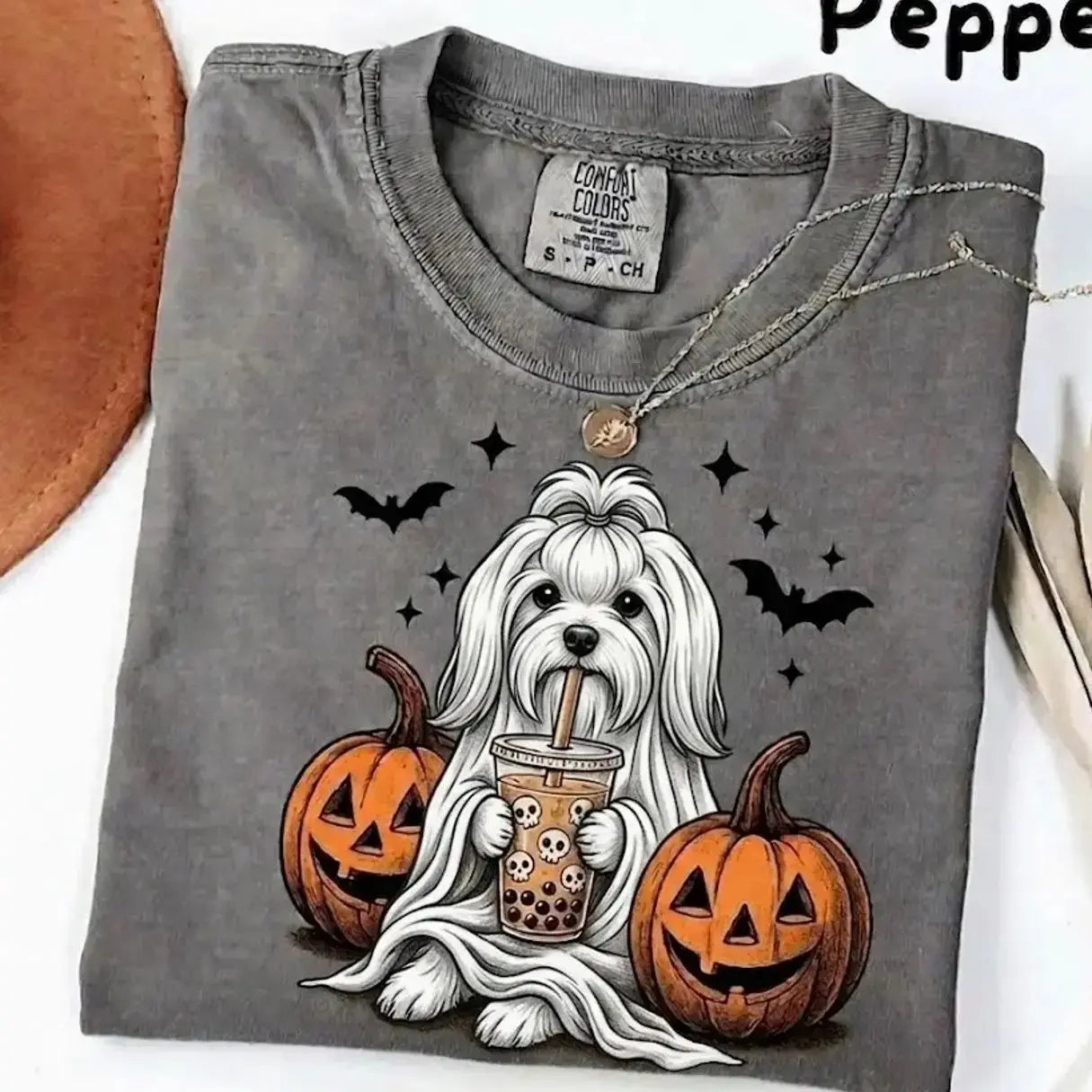 Comfort Colors Pepper Dog Shirt Custom Ghost Boba Tea Halloween Tee