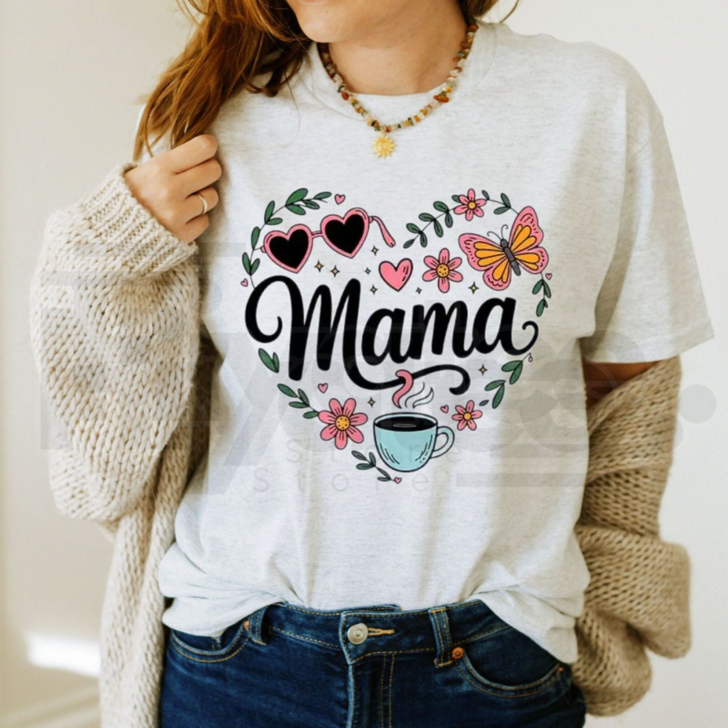 "Mama: Heart, Flower & Coffee" – Cute White Crew Neck Graphic Top - Hiyatee