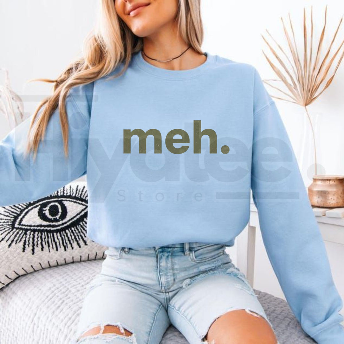 Meh Sweatshirt – Funny Sarcastic Graphic Crewneck, Minimalist Relatable Pullover - Hiyatee