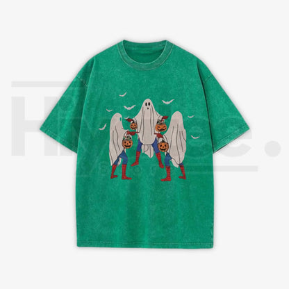 Meme Bedsheet Ghost Pumpkin Bucket Halloween T-Shirt – Vintage Washed Grunge Streetwear Cotton Tee - Hiyatee