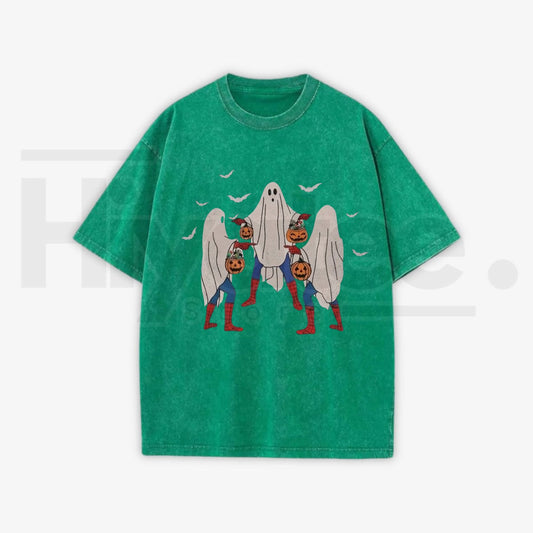 Meme Bedsheet Ghost Pumpkin Bucket Halloween T-Shirt – Vintage Washed Grunge Streetwear Cotton Tee - Hiyatee