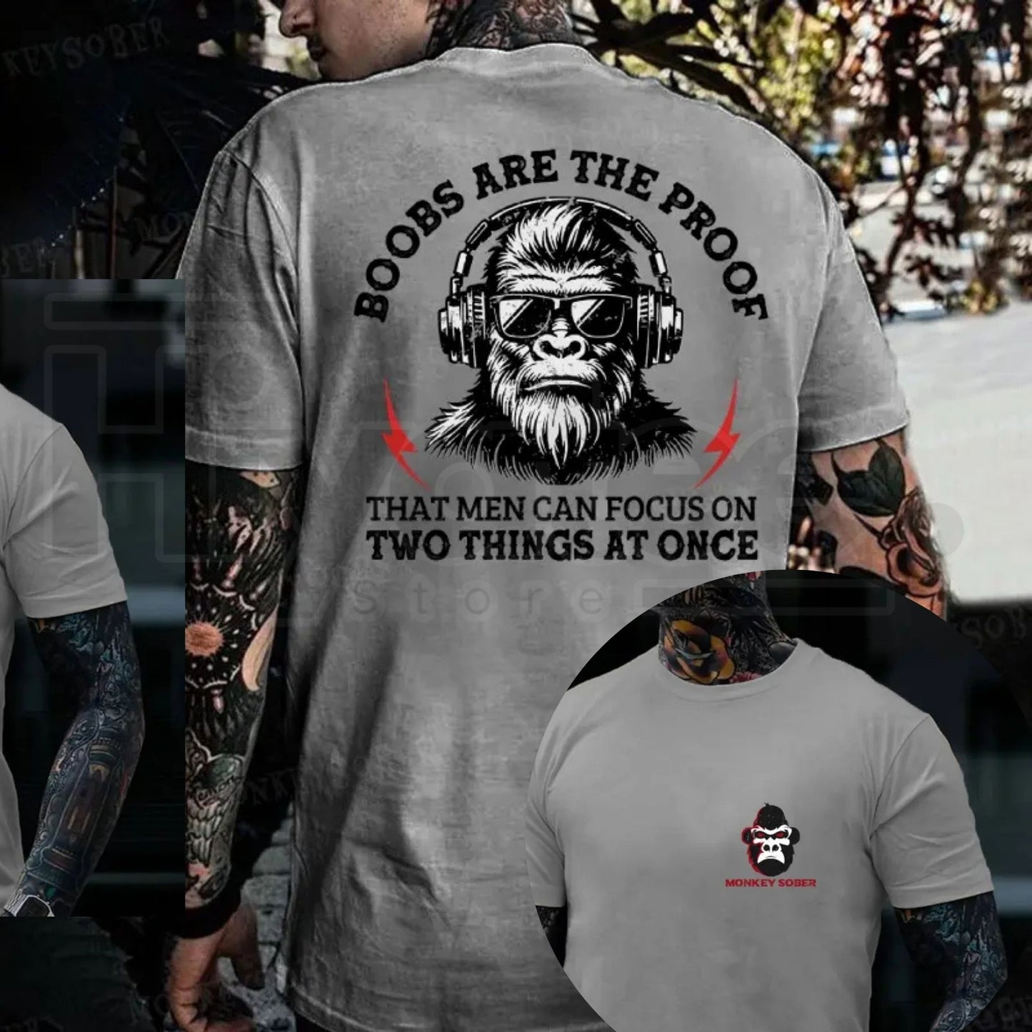 "Men Can Focus On Two Things" – Funny Sarcastic Monkey Graphic Top - Hiyatee