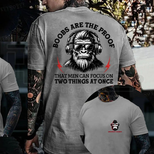 "Men Can Focus On Two Things" – Funny Sarcastic Monkey Graphic Top - Hiyatee