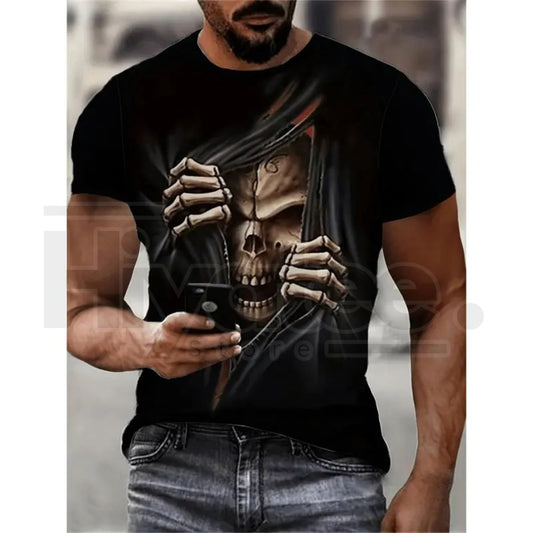 Men's 3D Skeleton Skull Graphic Tee – Stretchy Summer Outdoor Streetwear - Hiyatee