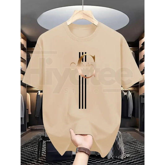 Men's Casual Calvin Print T-Shirt – Black & Gold Striped Street Style Essential - Hiyatee