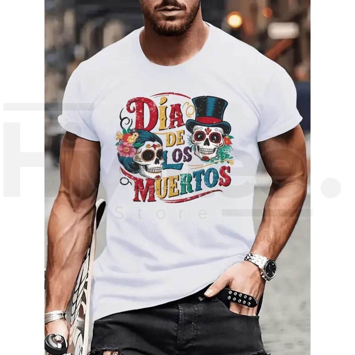 Men's Day of the Dead Graphic T-Shirt – Sugar Skull & Floral Print Tee - Hiyatee
