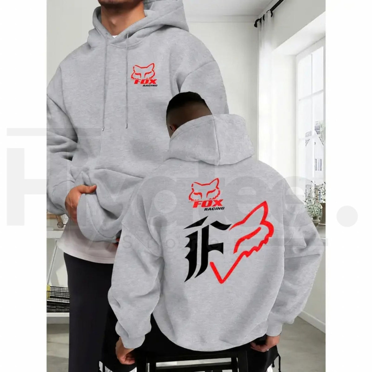 Men's Fleece Baggy Motorcycle Fox Print Hoodie – Dual-Sided Casual Long Sleeve Streetwear Pullover - Hiyatee