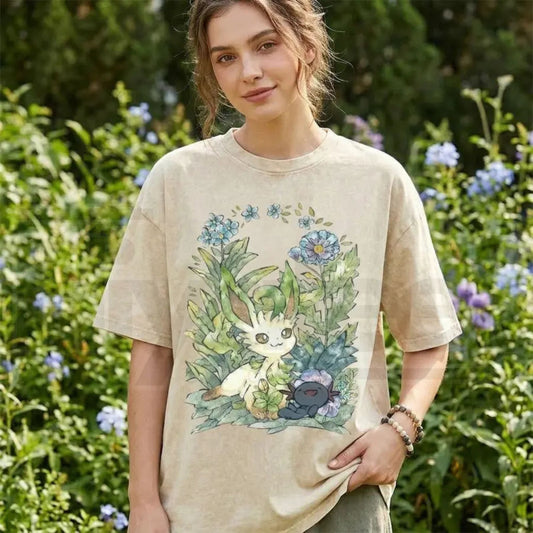 Men's Leafeon Graphic T-Shirt – Vintage Acid Wash Cottagecore Floral Pokemon Cotton Tee - Hiyatee