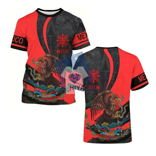 Men’s Mexican Geometric Print T-Shirt – Vibrant Eagle & Serpent Design, Stretch Fit Cultural Tee for Summer Style-Hiyatee