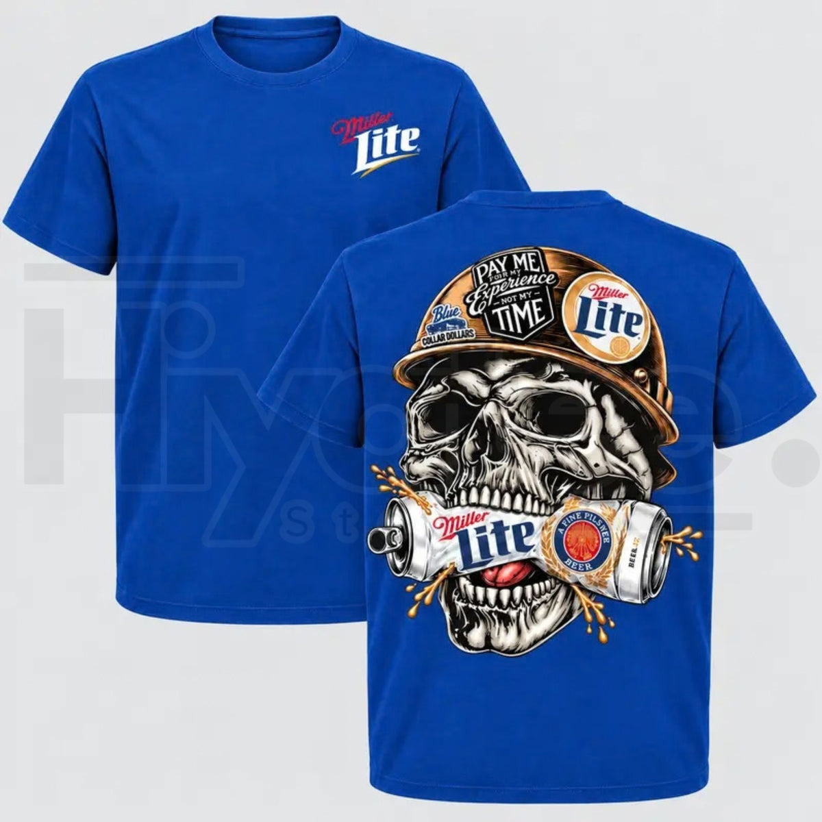 Men's Miller Lite Skull T-Shirt – Retro Blue Collar Workwear Beer Graphic Tee - Hiyatee