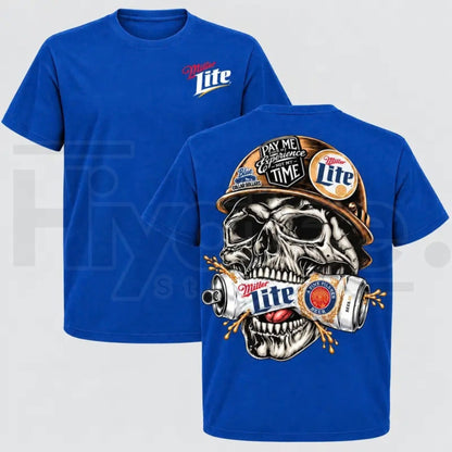 Men's Miller Lite Skull T-Shirt – Retro Blue Collar Workwear Beer Graphic Tee - Hiyatee