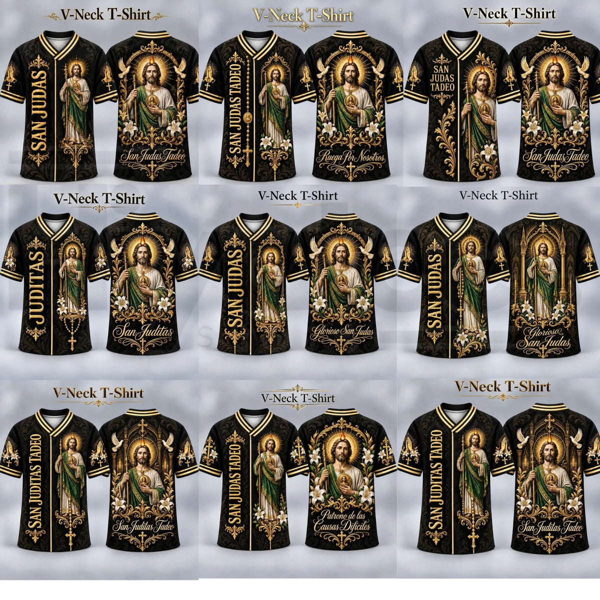 Men's San Judas Tadeo Graphic V-Neck Shirt & Baseball Jersey Style Top - Hiyatee