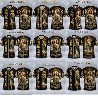 Men's San Judas Tadeo Graphic V-Neck Shirt & Baseball Jersey Style Top - Hiyatee