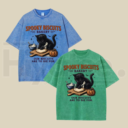 Men's Spooky Biscuits Black Cat Halloween T-Shirt – Vintage Brown Acid-Wash Oversized Cotton Tee - Hiyatee