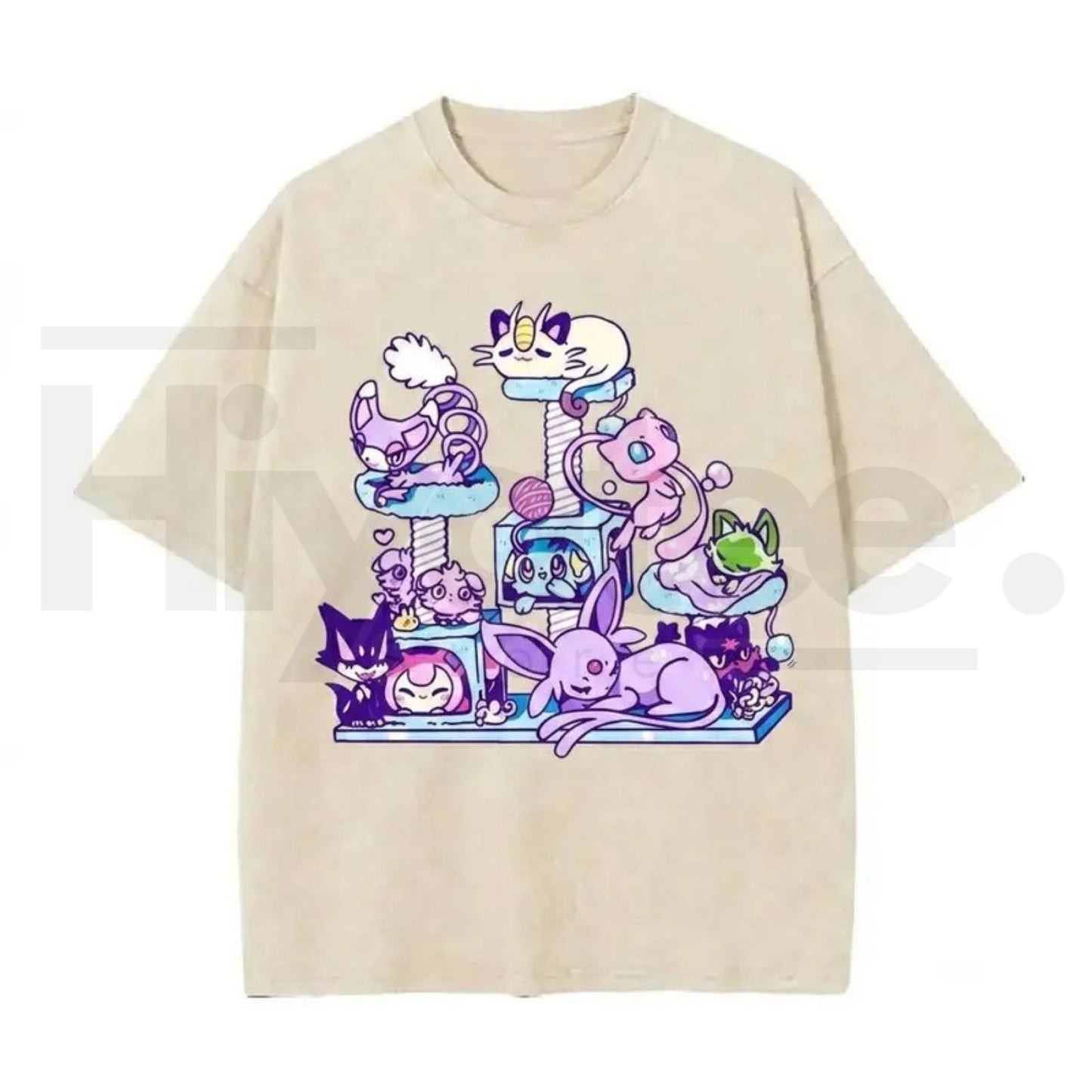 Men's Vintage Acid Wash Oversized Cat Tree Graphic Tee – Cute Anime Kitten Chibi Kawaii Cotton Top - Hiyatee