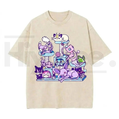 Men's Vintage Acid Wash Oversized Cat Tree Graphic Tee – Cute Anime Kitten Chibi Kawaii Cotton Top - Hiyatee