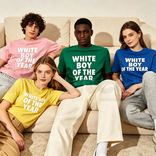 Men's White Boy Of The Year Oversized Round Neck Funny Meme Graphic T-Shirt - Hiyatee
