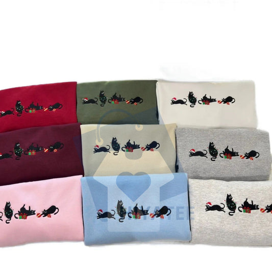 Meowy Christmas Black Cats Embroidered Sweatshirt – Unisex Holiday Cat Lover Crewneck - Hiyatee