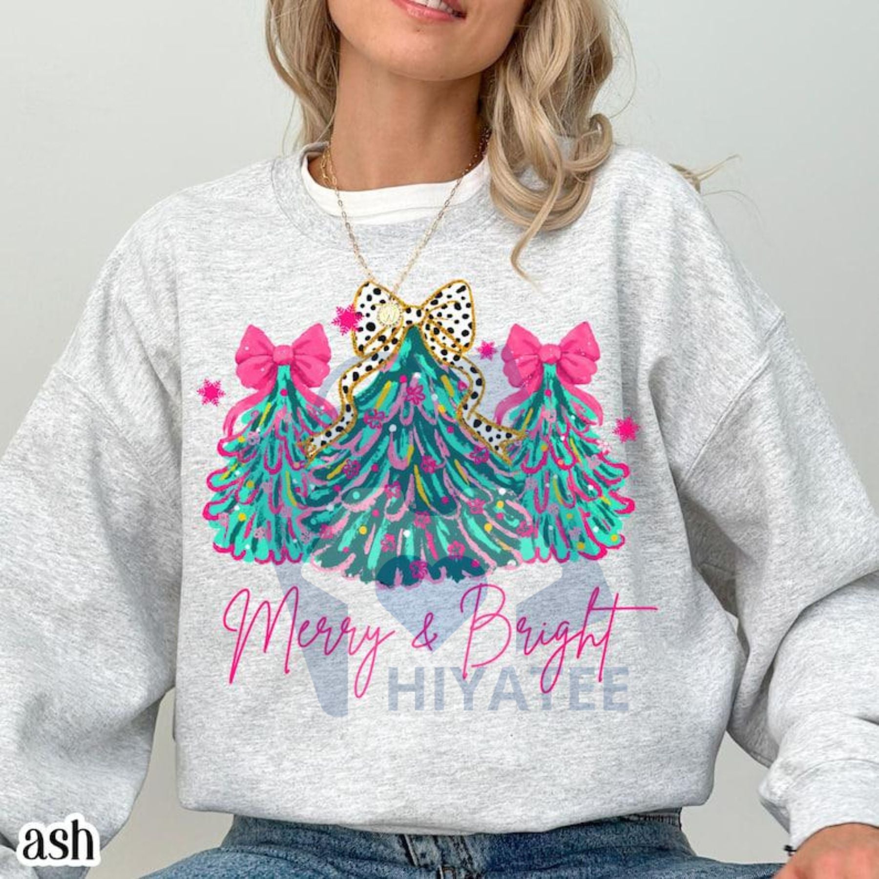 Merry & Bright Christmas Sweatshirt: Pink Xmas Tree Pullover with Festive Bow & Lights, Cute Jolly Mom Crewneck Apparel - Hiyatee
