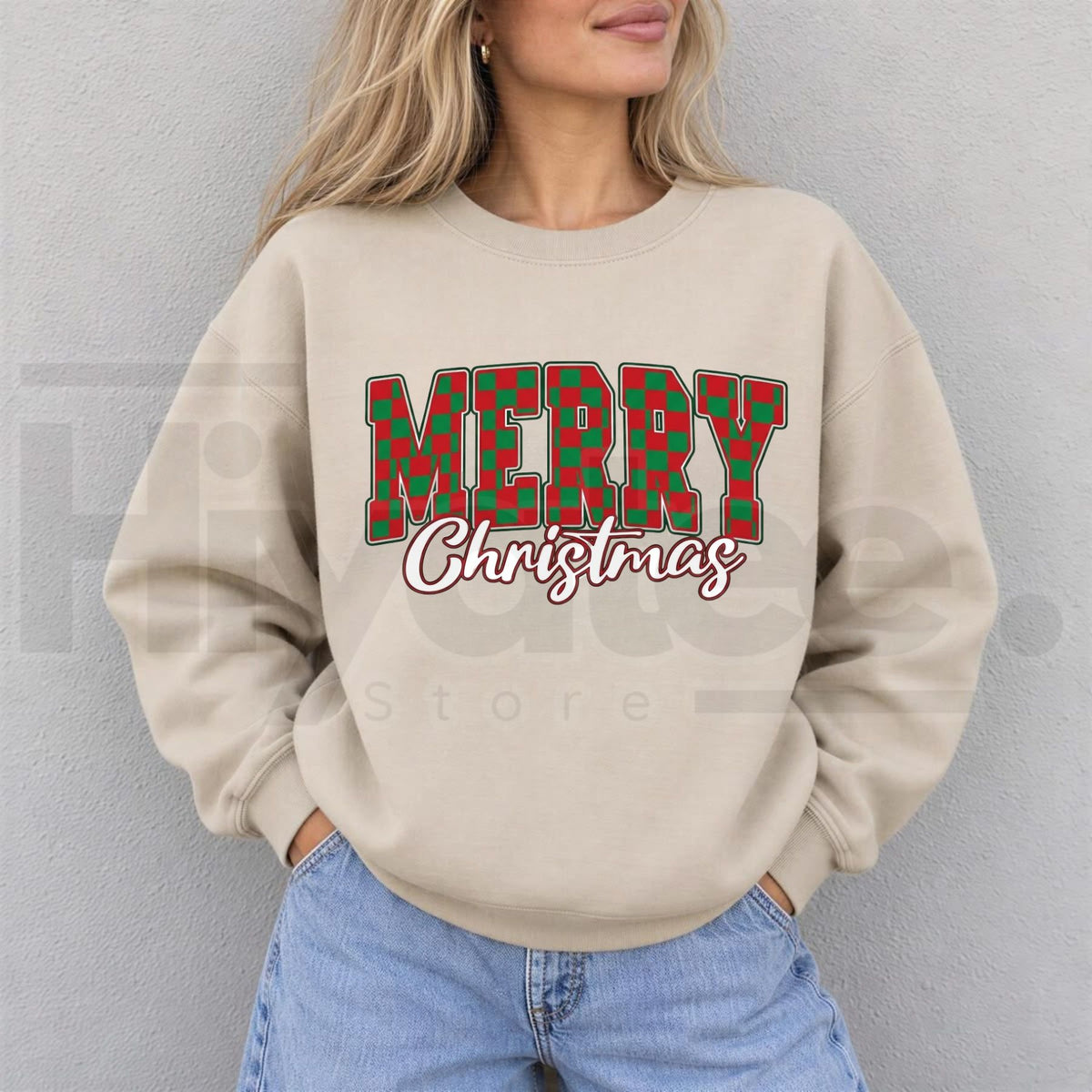 Merry Christmas Checkered Sweatshirt, Retro Vintage Holiday Buffalo Plaid Graphic Pullover. - Hiyatee