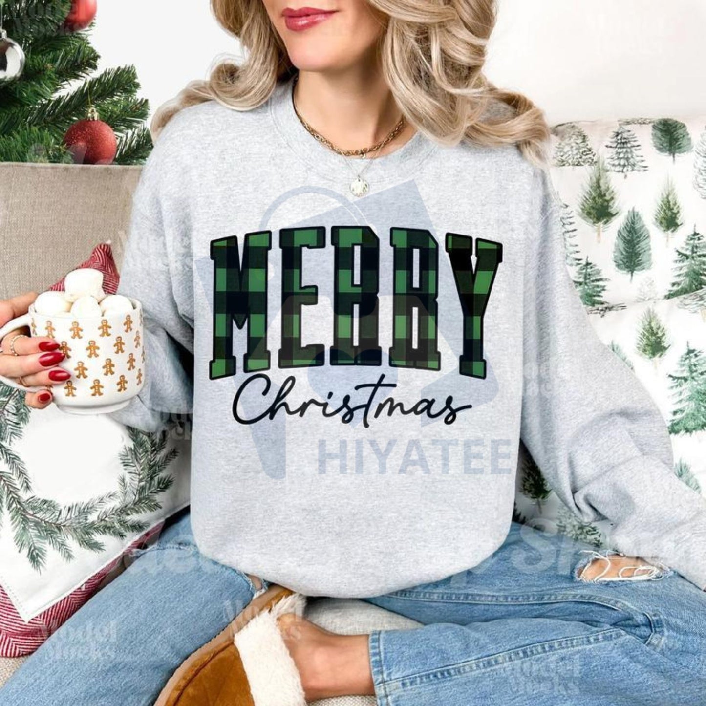 Merry Christmas Sweatshirt: Buffalo Plaid Sweater, Christmas Family Crewneck, Woman Xmas Shirt, Cute Winter Holiday Gift Idea - Hiyatee