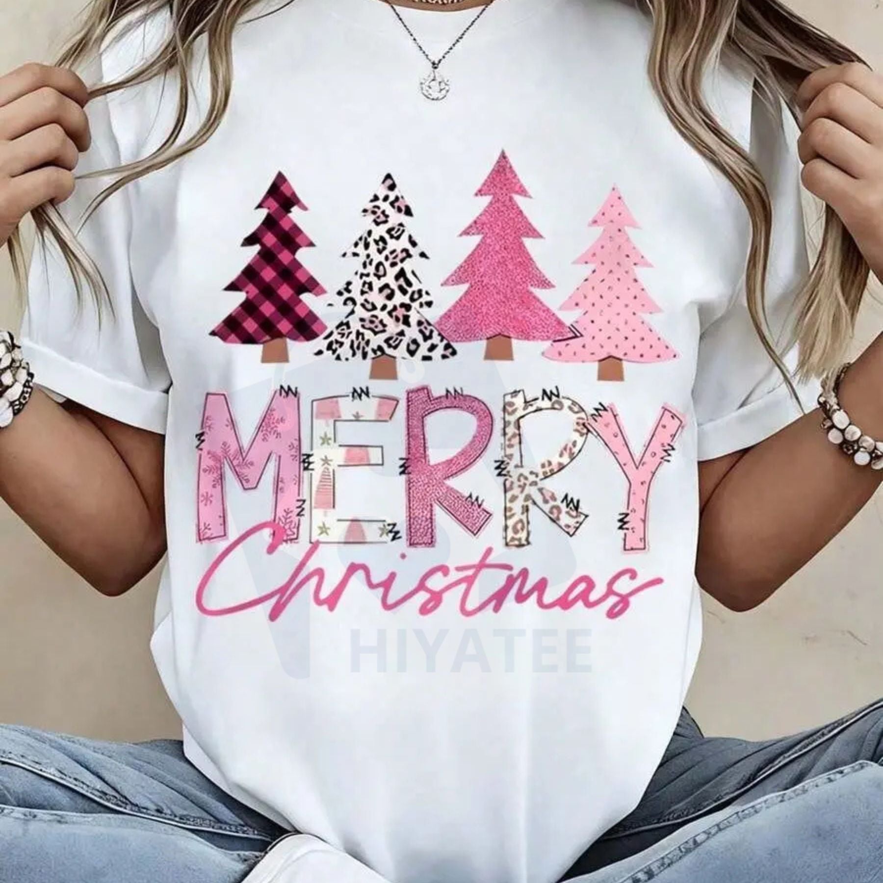 Merry Christmas T-Shirt For Women – Pink Plaid Leopard Print Trees Festive Graphic Tee - Hiyatee