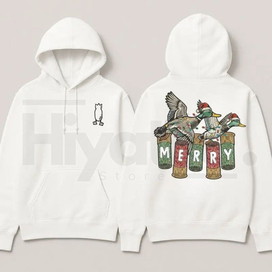 Merry Duck Hoodie – Christmas Waterfowl Graphic Pullover - Hiyatee