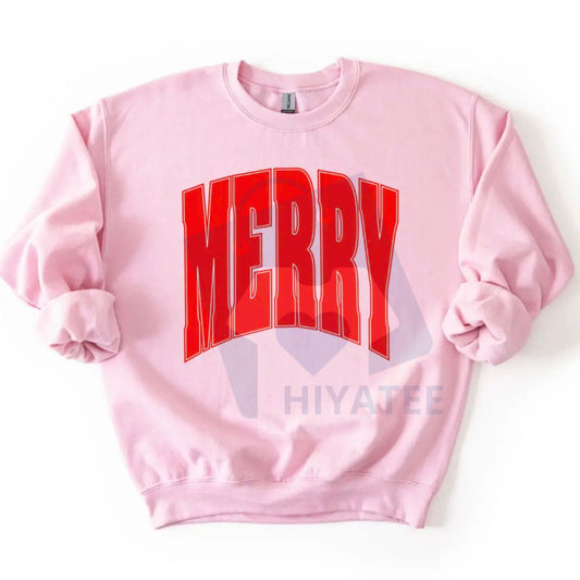 Merry Oversized Print Christmas Sweatshirt: Cozy Loose Fit Holiday Pullover, Trendy Festive Graphic Crewneck, Unisex Gift Idea - Hiyatee