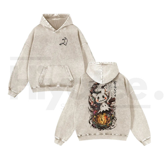 Mimikyu Japanese Ink-Wash Hoodie – Vintage Washed Yokai Graphic - Hiyatee