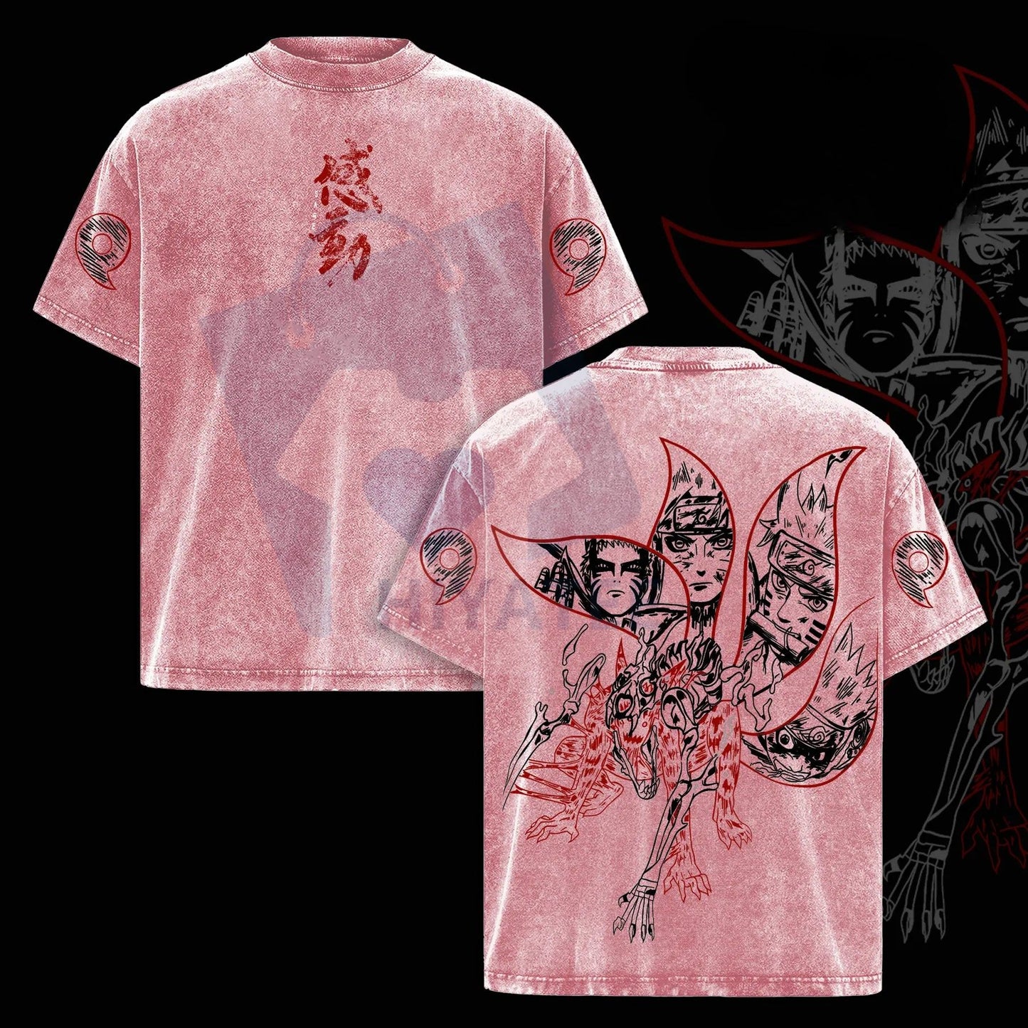 Naruto Kurama Sharingan T-Shirt – Vintage Washed Oversized Anime Graphic Tee, Nine Tails Fox Streetwear - Hiyatee