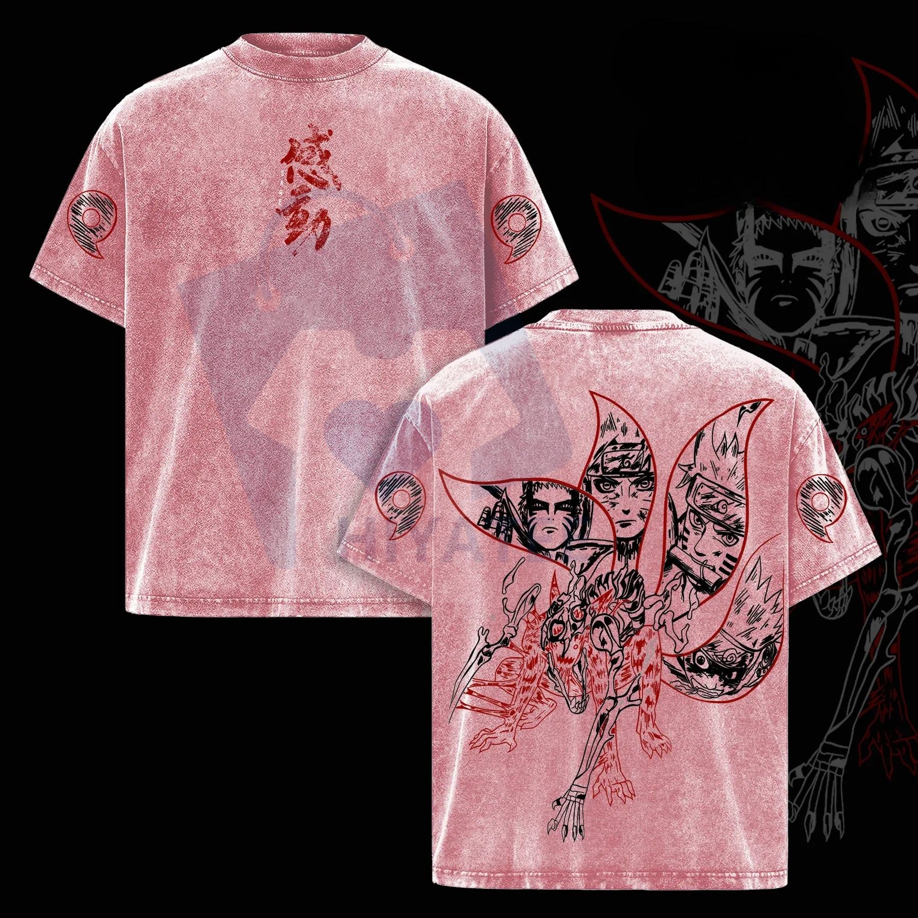 Naruto Kurama Sharingan T-Shirt – Vintage Washed Oversized Anime Graphic Tee, Nine Tails Fox Streetwear - Hiyatee