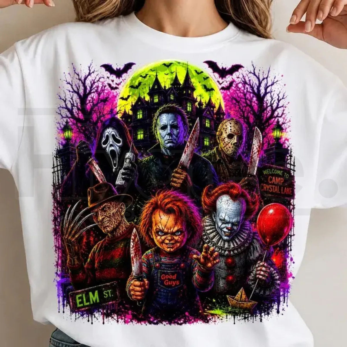 Neon Halloween Characters T-Shirt – Spooky Season Horror Movie Tee - Hiyatee