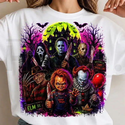 Neon Halloween Characters T-Shirt – Spooky Season Horror Movie Tee - Hiyatee