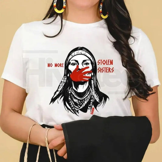 "No More Stolen Sisters" – Indigenous MMIW Red Hand Graphic Top - Hiyatee