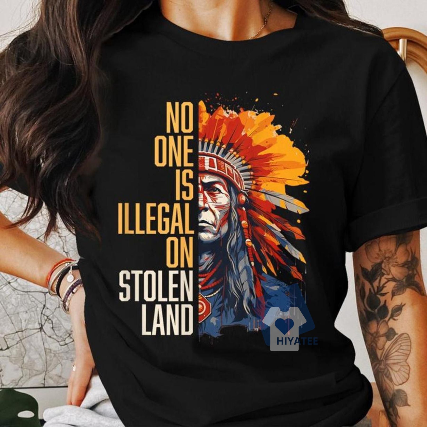 No One Is Illegal on Stolen Land T-Shirt – Native American Rights Minimalist Graphic Tee-Hiyatee
