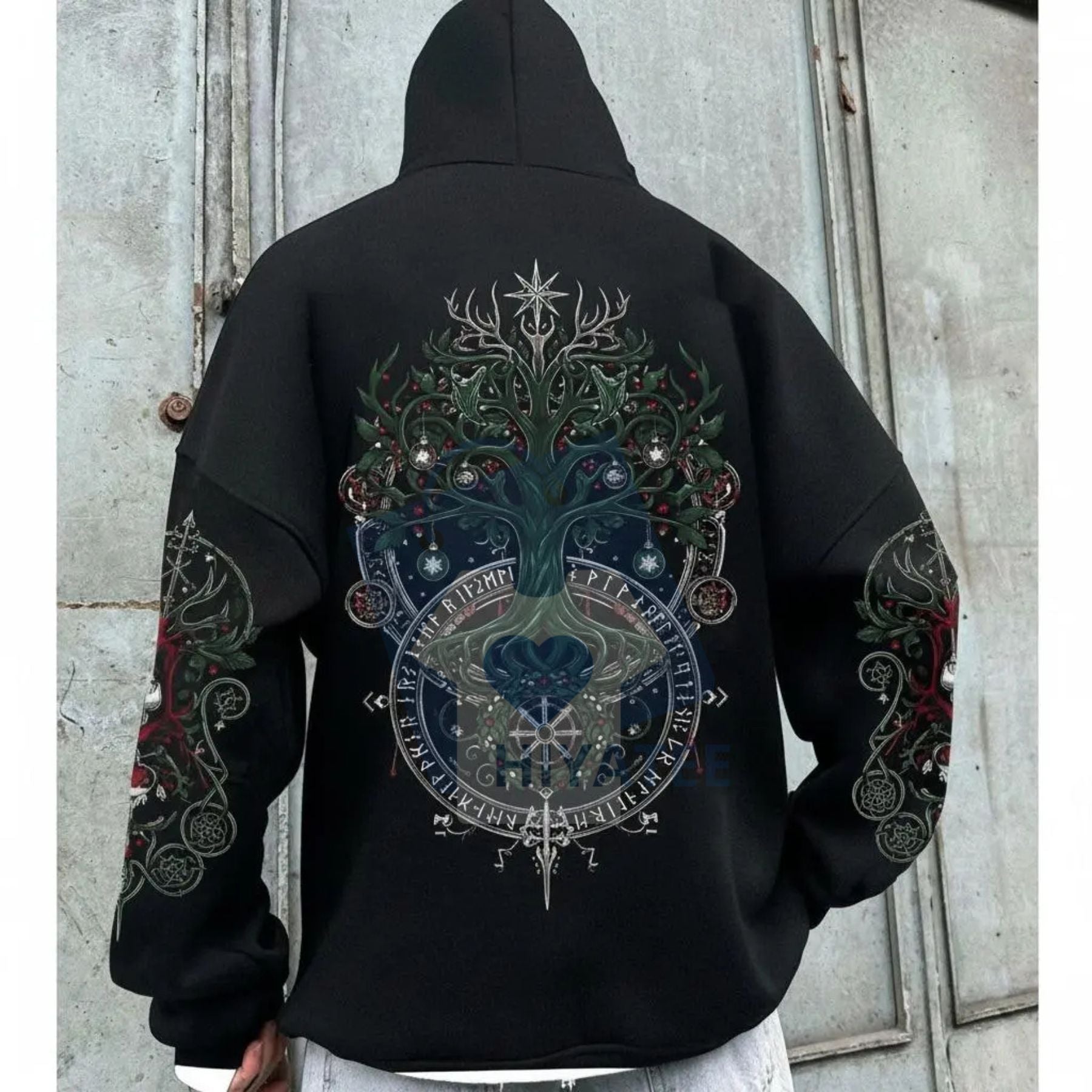Nordic Gods Pullover Hoodie – Yggdrasil World Tree Back Design, Warm Fleece Sweater, Viking Mythology Apparel for Men - Hiyatee