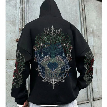 Nordic Gods Pullover Hoodie – Yggdrasil World Tree Back Design, Warm Fleece Sweater, Viking Mythology Apparel for Men - Hiyatee