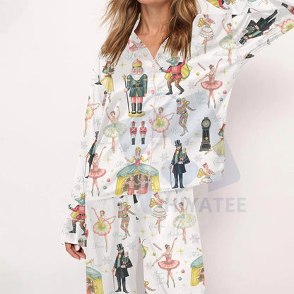 Nutcracker Ballet Christmas Satin Pajama Set For Women Print Comfy Satin Sleepwear & Loungewear Pjs Printing Silky Top & Bottoms - Hiyatee